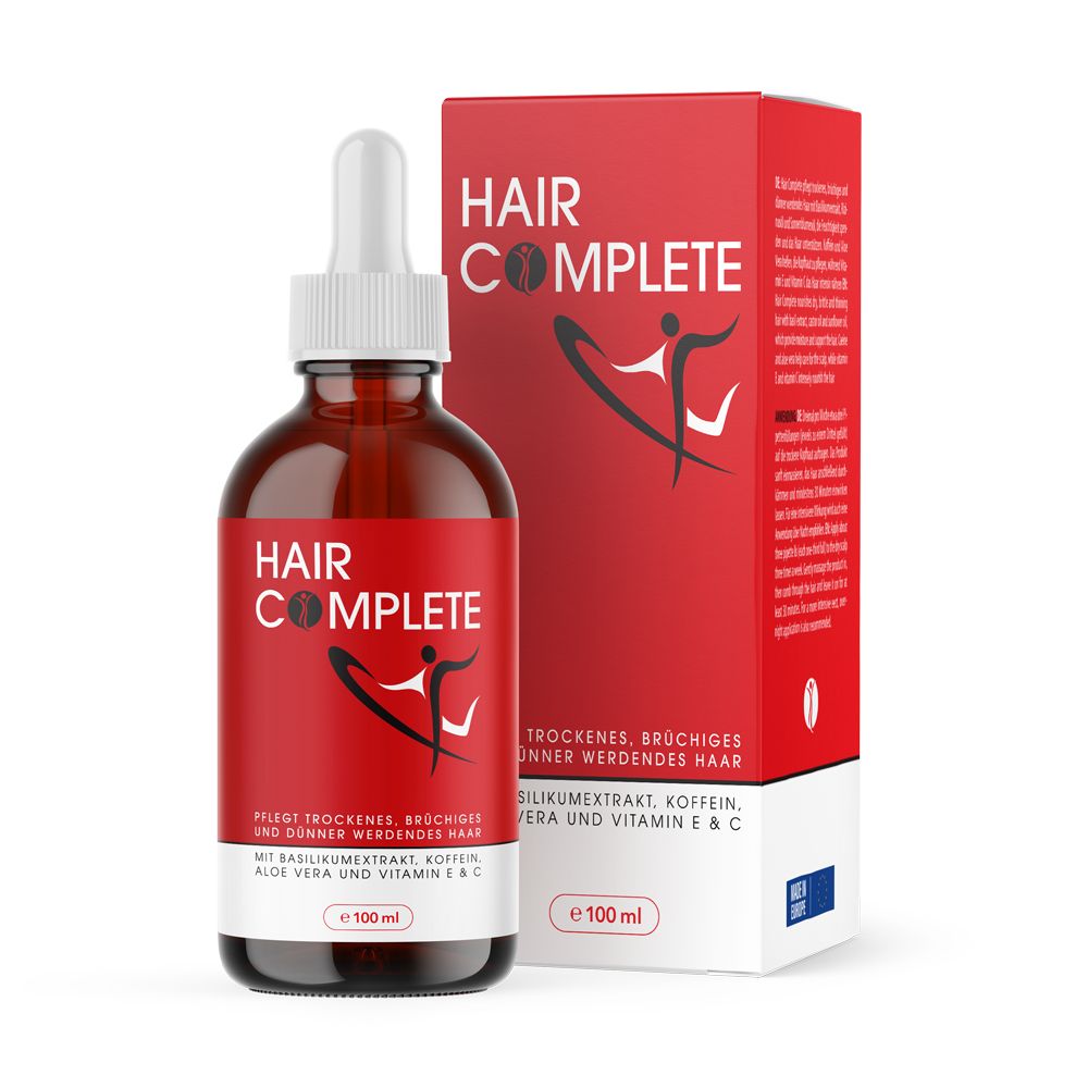 Braune Glasflasche und Schachtel mit rotem Etikett. Aufschrift: HAIR COMPLETE. Enthält Basilikumextrakt, Koffein, Aloe Vera und Vitamin E & C.