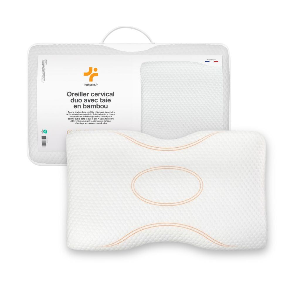 Ergonomisches Kissen mit Bambusbezug. Weiß, in Verpackung. Griff. Text.