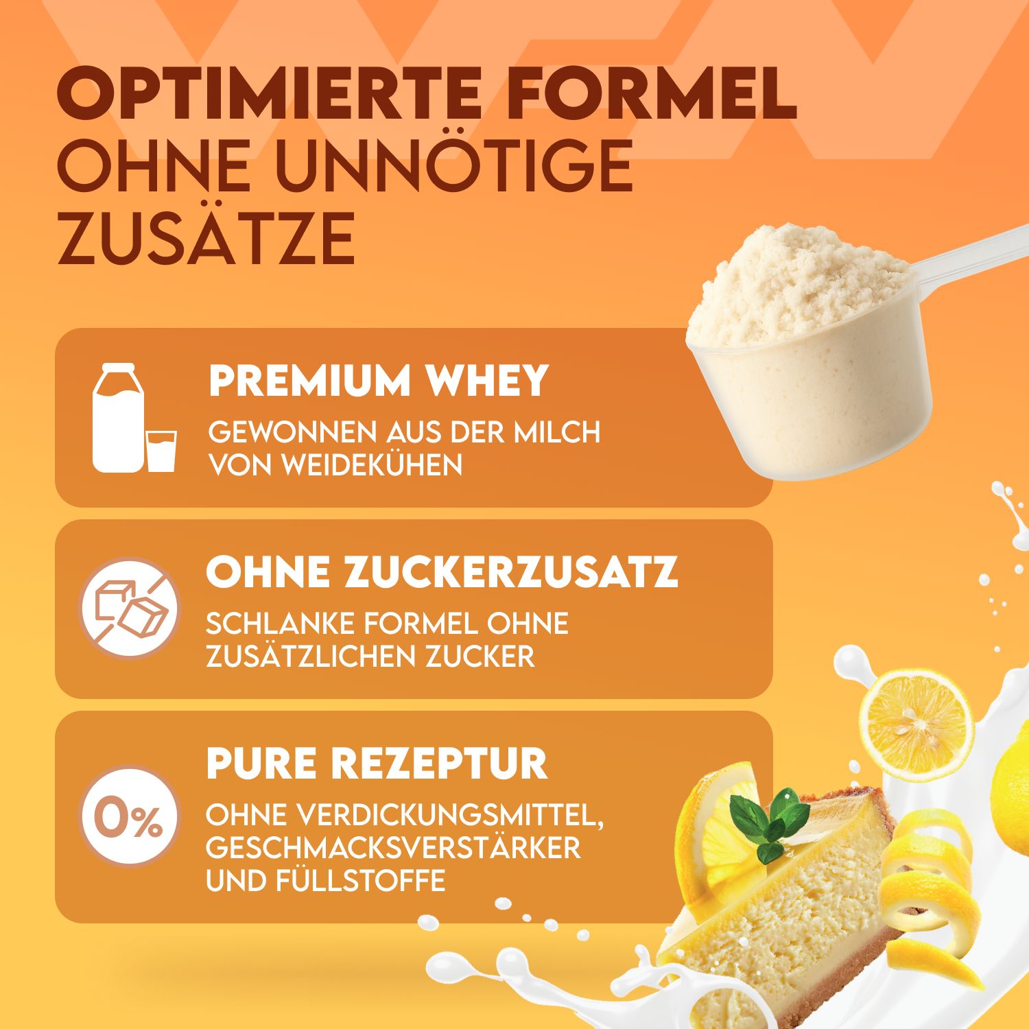 Weiße Dose mit "APPROVED WHEY". Löffel mit Pulver. Enthält Premium Whey, ohne Zuckerzusatz und reine Rezeptur.
