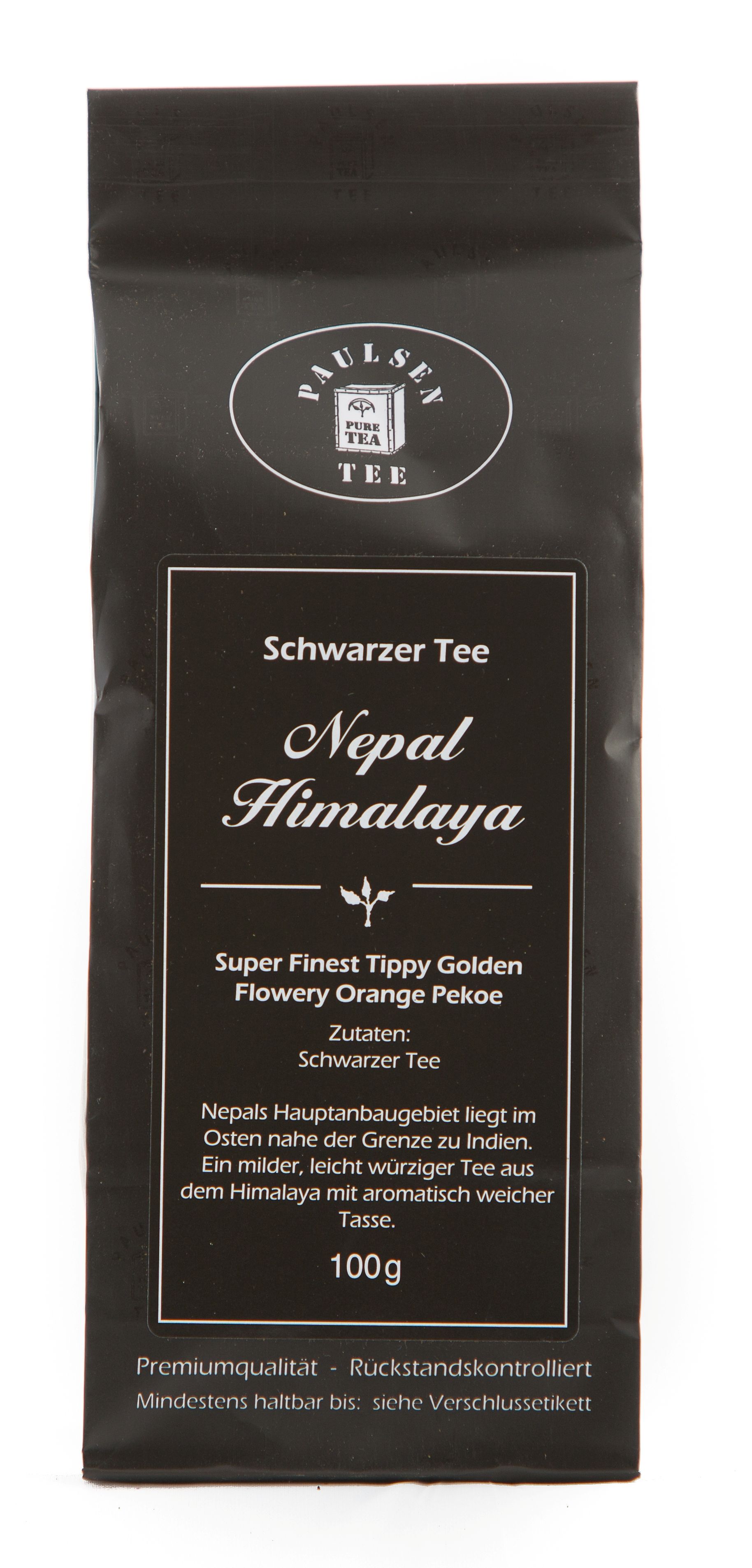Schwarzer Tee Nepal Himalaya in schwarzer Verpackung. Text: Paulsen Tee, 100g, Premiumqualität.