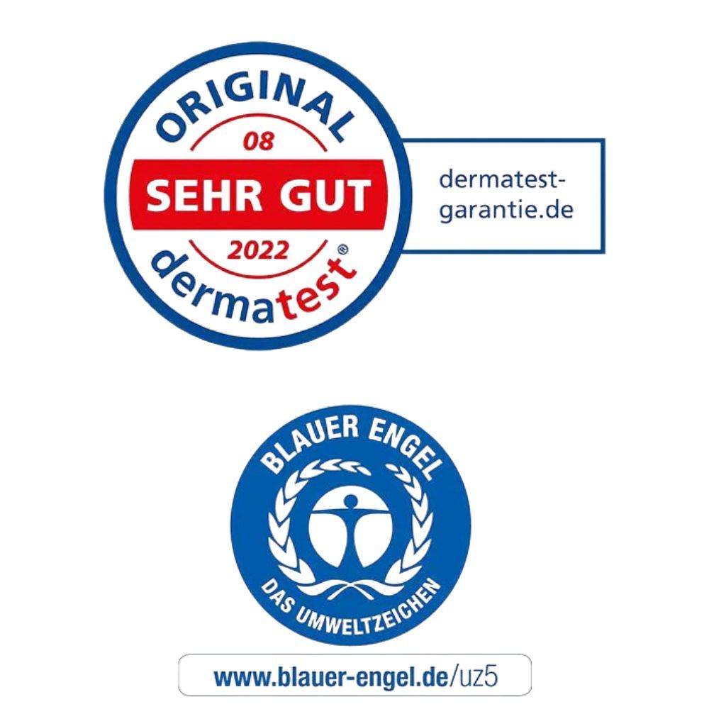 Zwei Siegel: 'Original dermatest sehr gut' und 'Blauer Engel'.
