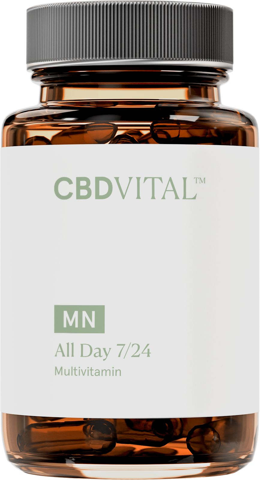 CBD VITAL All day 7/24 Multivitamin Kapseln in Braunglasflasche mit grauem Schraubverschluss.