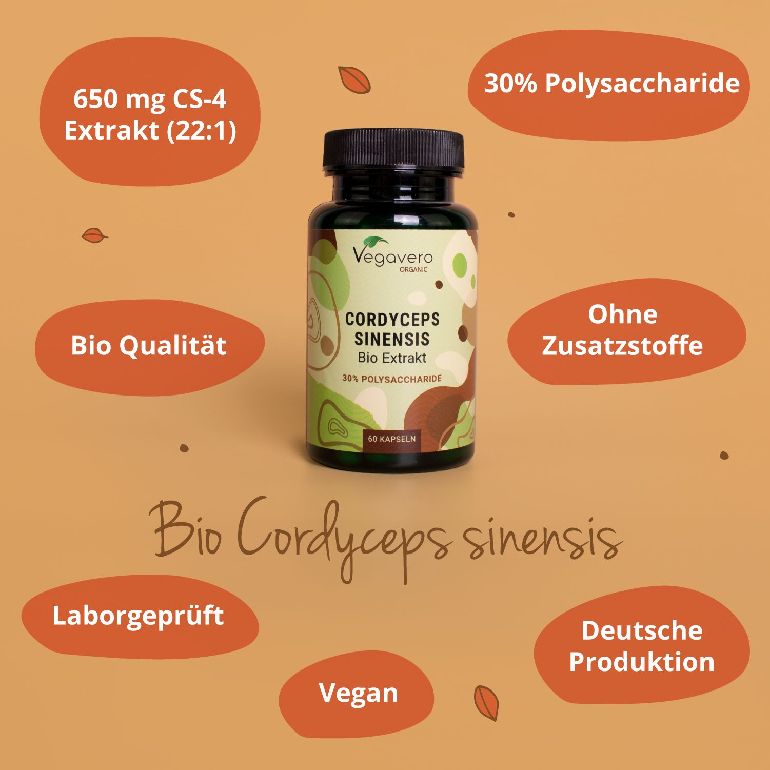 Flasche mit Kapseln. Text: Cordyceps Sinensis Bio Extrakt, 30% Polysaccharide. 60 Kapseln. Zusätzliche Texte.