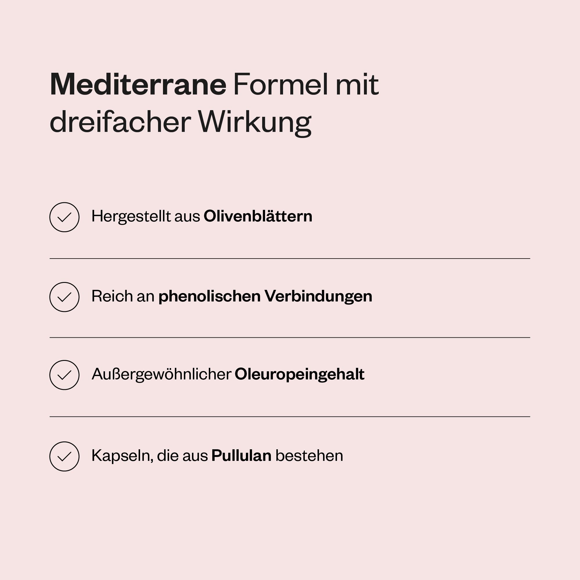 Infografik mit Informationen zu Olivenblattextrakt. Beschreibt Vorteile: hergestellt aus Olivenblättern, reich an phenolischen Verbindungen, etc.