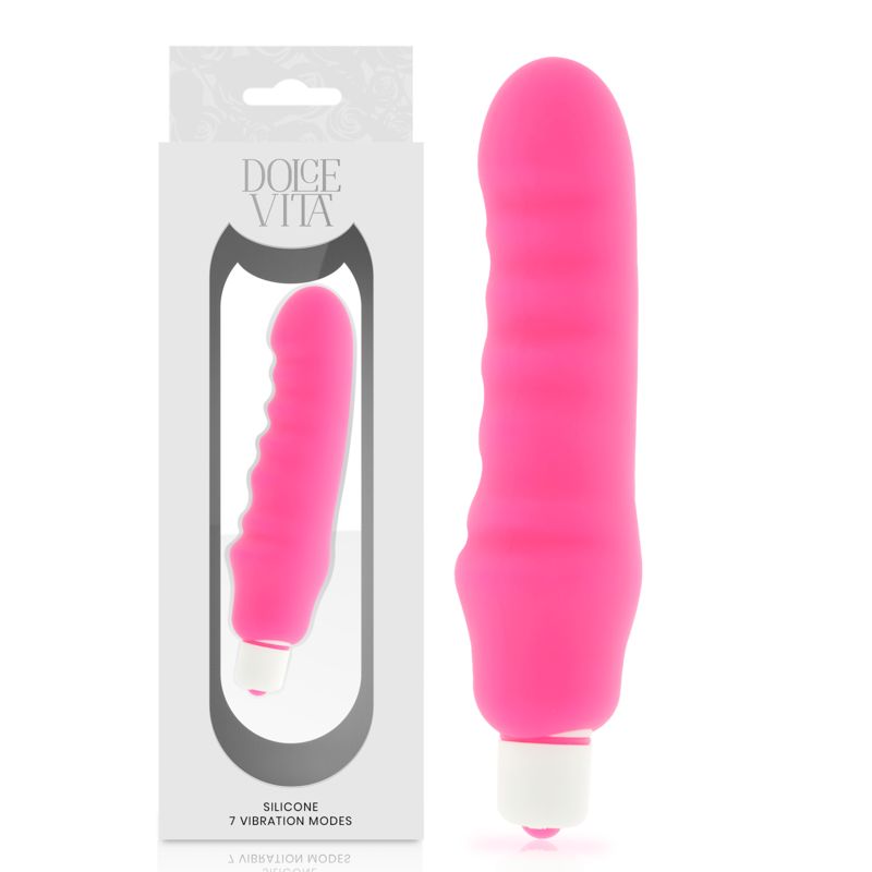Rosa Silikon-Vibrator mit weißem Sockel. Verpackung mit Produktabbildung und Dolce Vita Logo. Text: SILICONE, 7 VIBRATION MODES.
