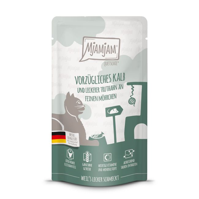 MjAMjAM - Quetschie vorzügliches Kalb & Truthahn an leckeren Möhrchen 125 g Futter