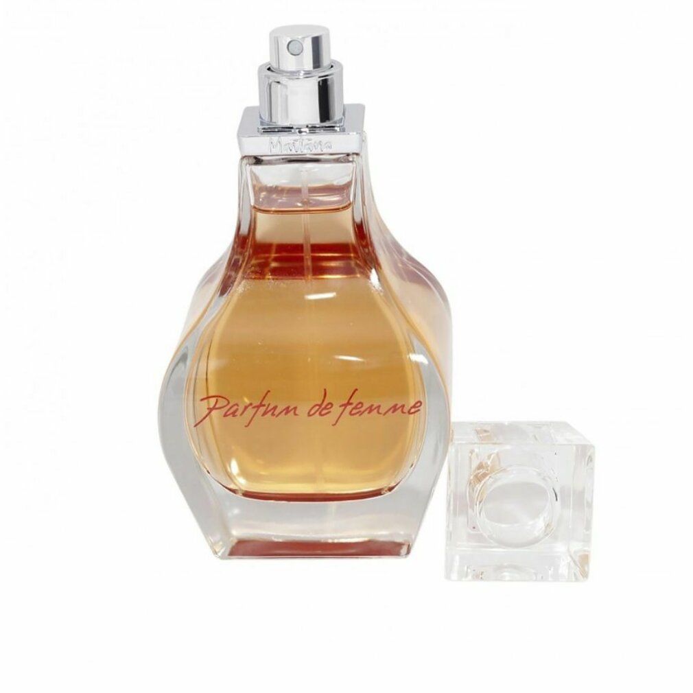 Transparenter Flakon mit gelblicher Flüssigkeit. Auf dem Flakon steht "Parfum de femme". Der Deckel liegt daneben.