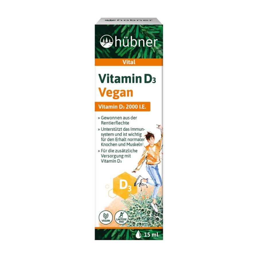 Verpackung von Vitamin D3 Vegan. Enthält 15 ml. Mit Logo und Text: Vitamin D3 Vegan, 2000 I.E.