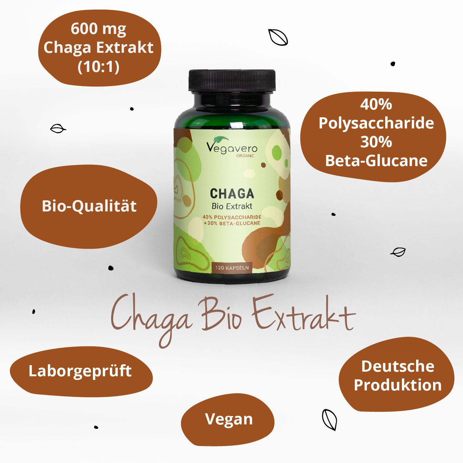 Grüne Flasche mit Chaga Bio Extrakt. Aufschrift: 120 Kapseln, 40% Polysaccharide + 30% Beta-Glucane. Bio-Qualität.
