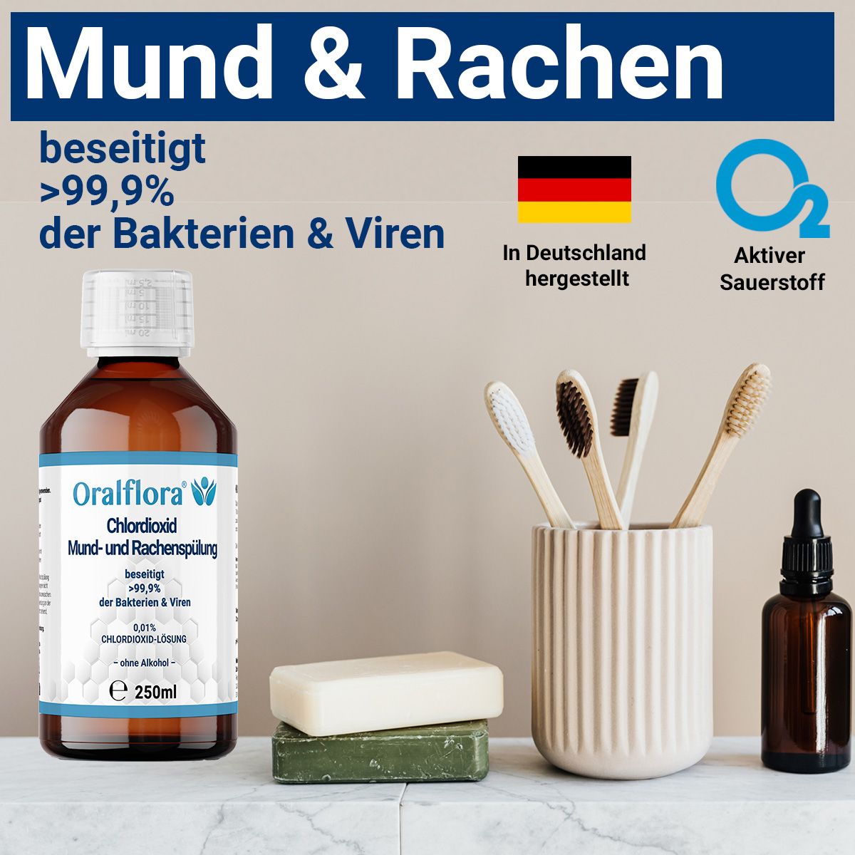 Flasche Oralflora Mundspülung, neben Zahnbürsten, Seife und einer weiteren Flasche. Text: 'In Deutschland hergestellt'.