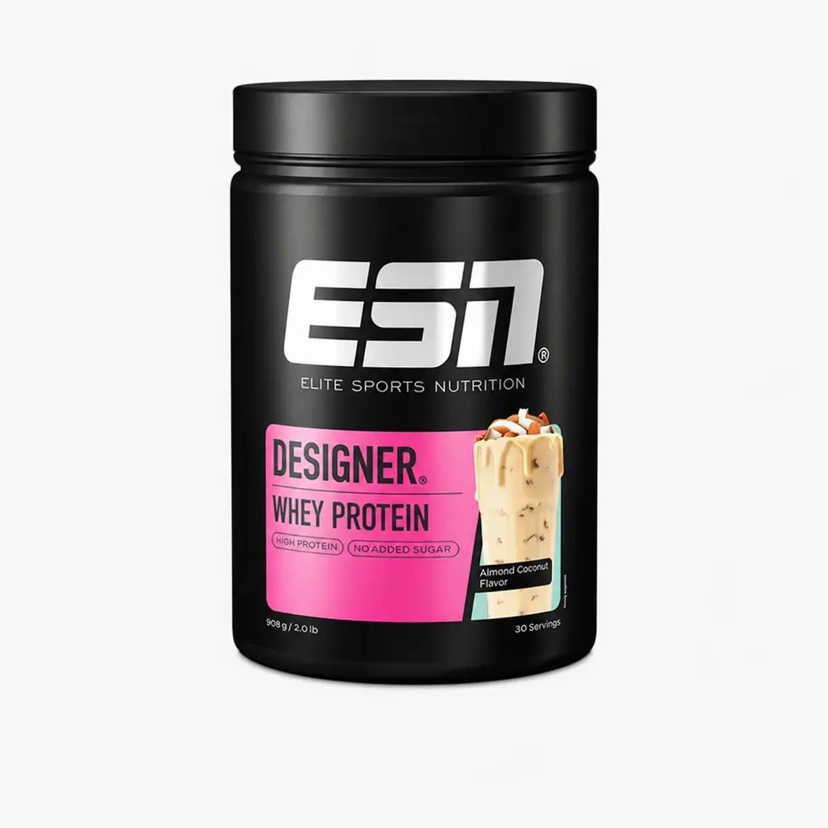 Schwarzer Behälter mit ESN Designer Whey Protein. Enthält ein Bild eines Milchshakes und die Aufschrift "High Protein, No Added Sugar".