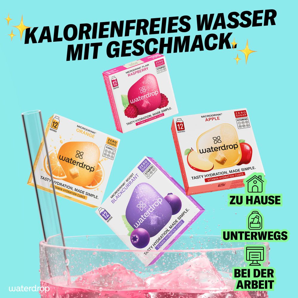Vier Kartons waterdrop® Microdrink in einem Glas mit rosa Flüssigkeit. Text: Kalorienfreies Wasser mit Geschmack. Zu Hause, unterwegs, bei der Arbeit.