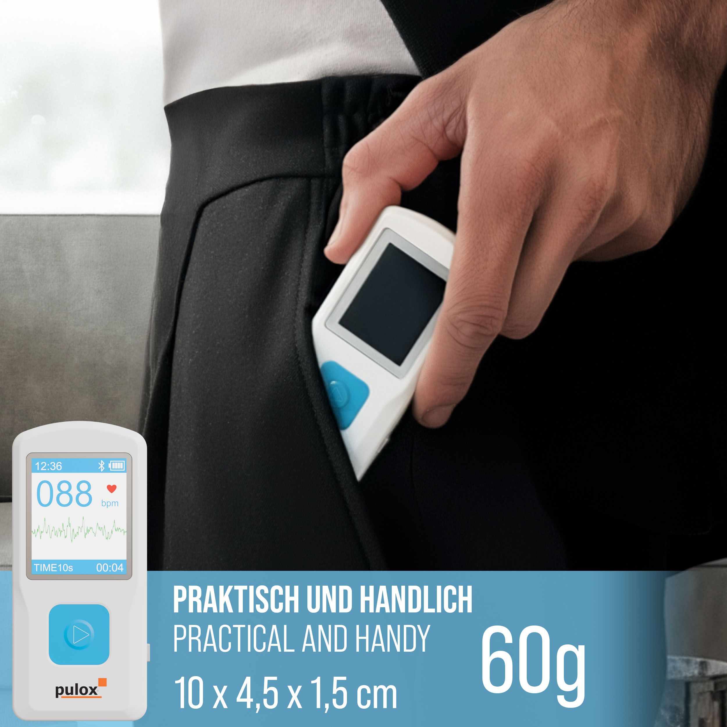 EKG-Gerät in Hosentasche. Gerät mit Display, Herzfrequenzanzeige und Bedienknopf. Text: Praktisch und handlich. Abmessungen: 10 x 4,5 x 1,5 cm, 60g.