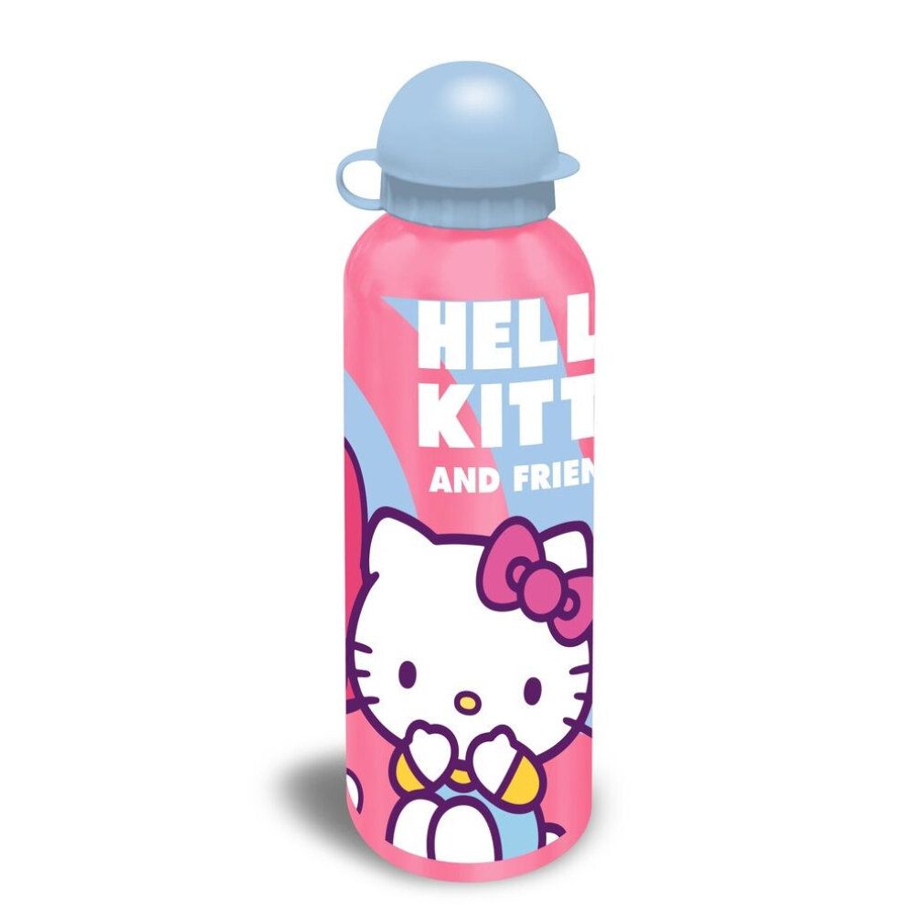 Rosa Aluminiumflasche mit blauem Deckel. Aufdruck: Hello Kitty and Friends. Abgebildet ist Hello Kitty.