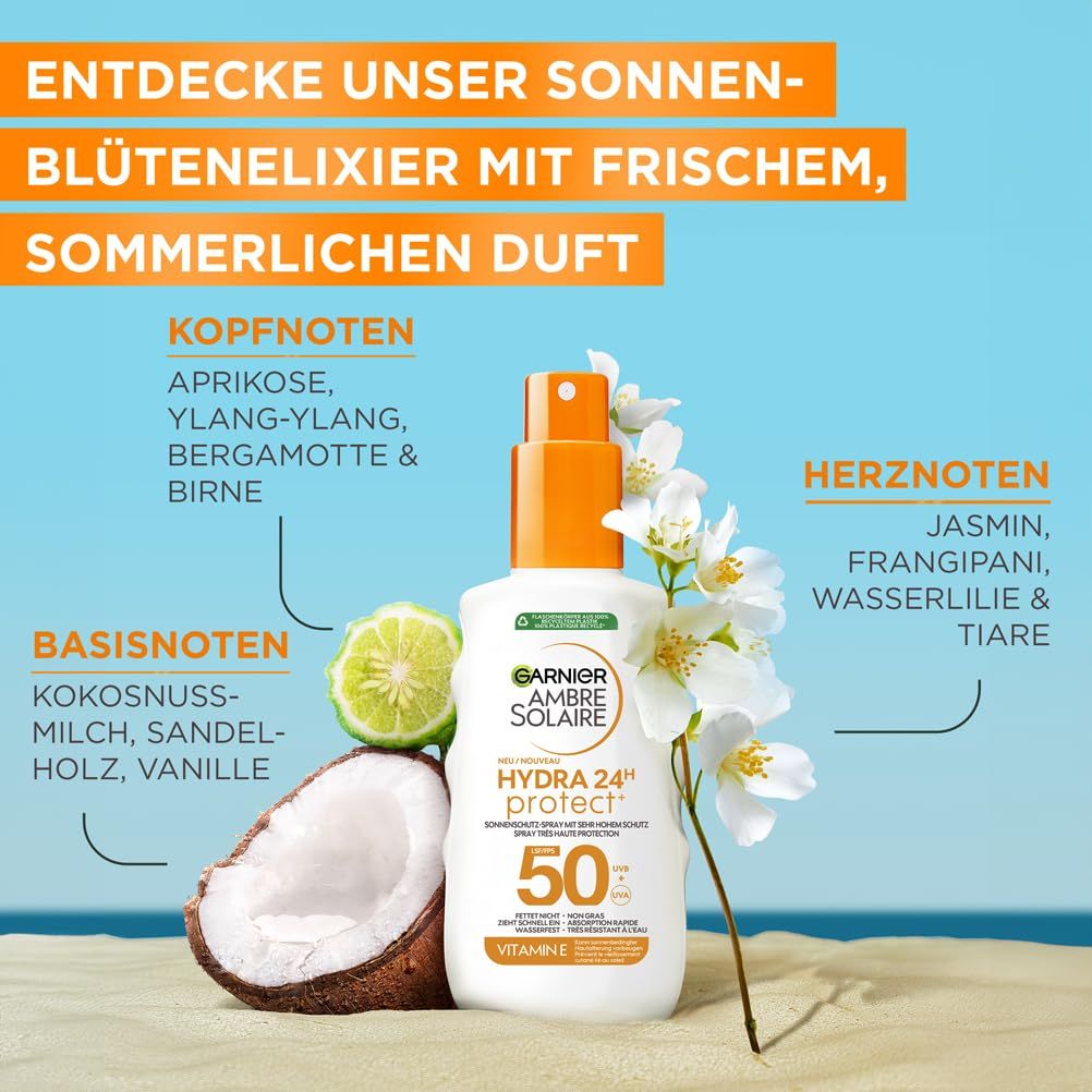 Sonnenschutzspray mit Blüten und Früchten. Text: Garnier Ambre Solaire Hydra 24H Protect+, LSF 50.