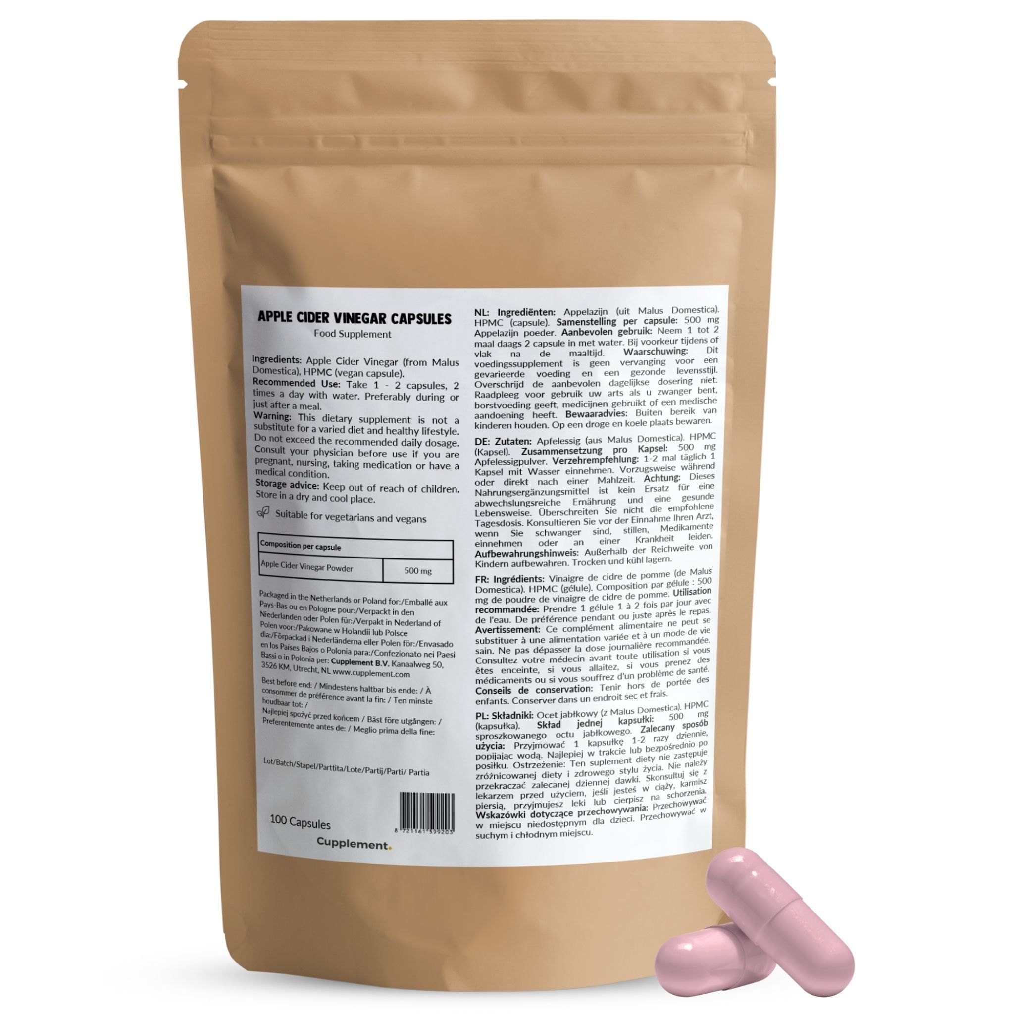 Beutel mit Kapseln. Text: Apple Cider Vinegar Capsules. 500 Kapseln. Rosa Kapseln liegen daneben.