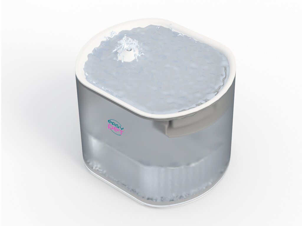 Fontanella. Trasparente e grigio. Contenitore d'acqua con acqua. Logo EASY PET.