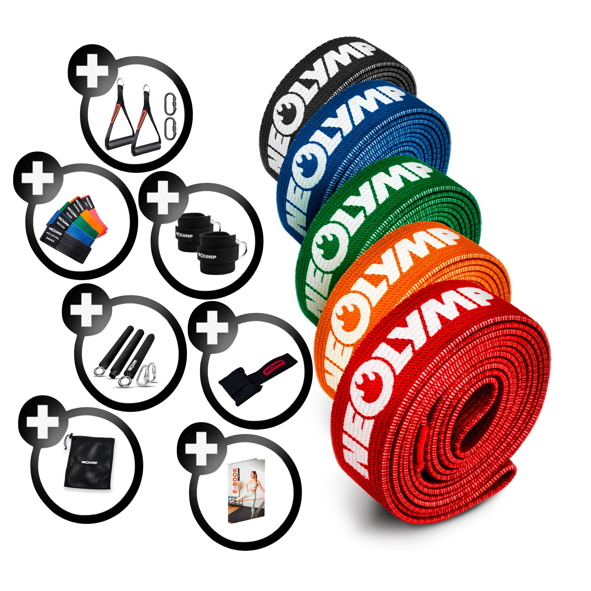 Fitnessbänder in verschiedenen Farben. Schwarzes Band mit weißem Logo. Zubehör wie Griffe, Bänder, Handgelenkschlaufe, Tasche und Broschüre.