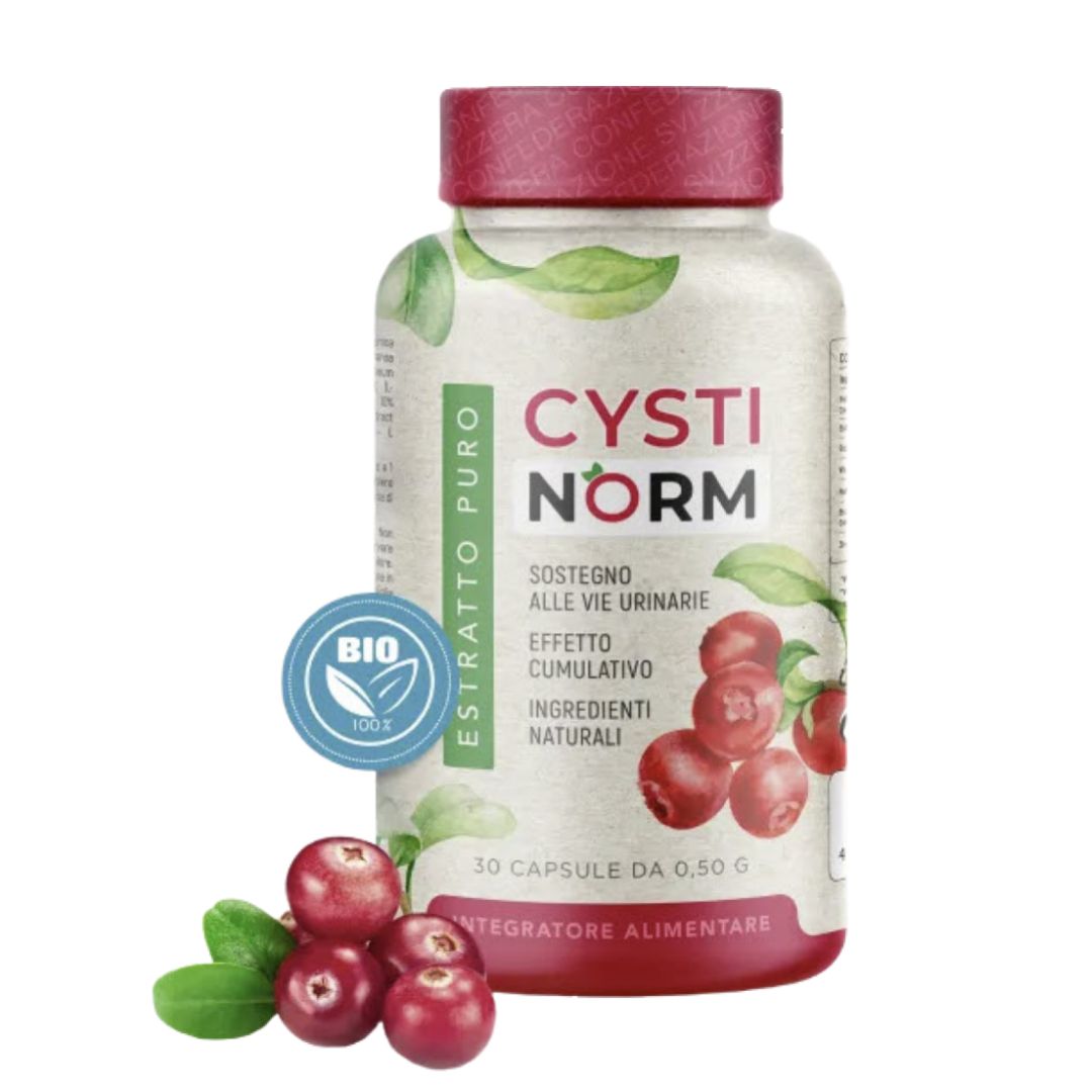 Flasche mit Kapseln. Aufschrift: CystiNorm. Mit Cranberry-Abbildung und Bio-Siegel. Text: Estratto Puro, Sostegno alle vie urinarie.