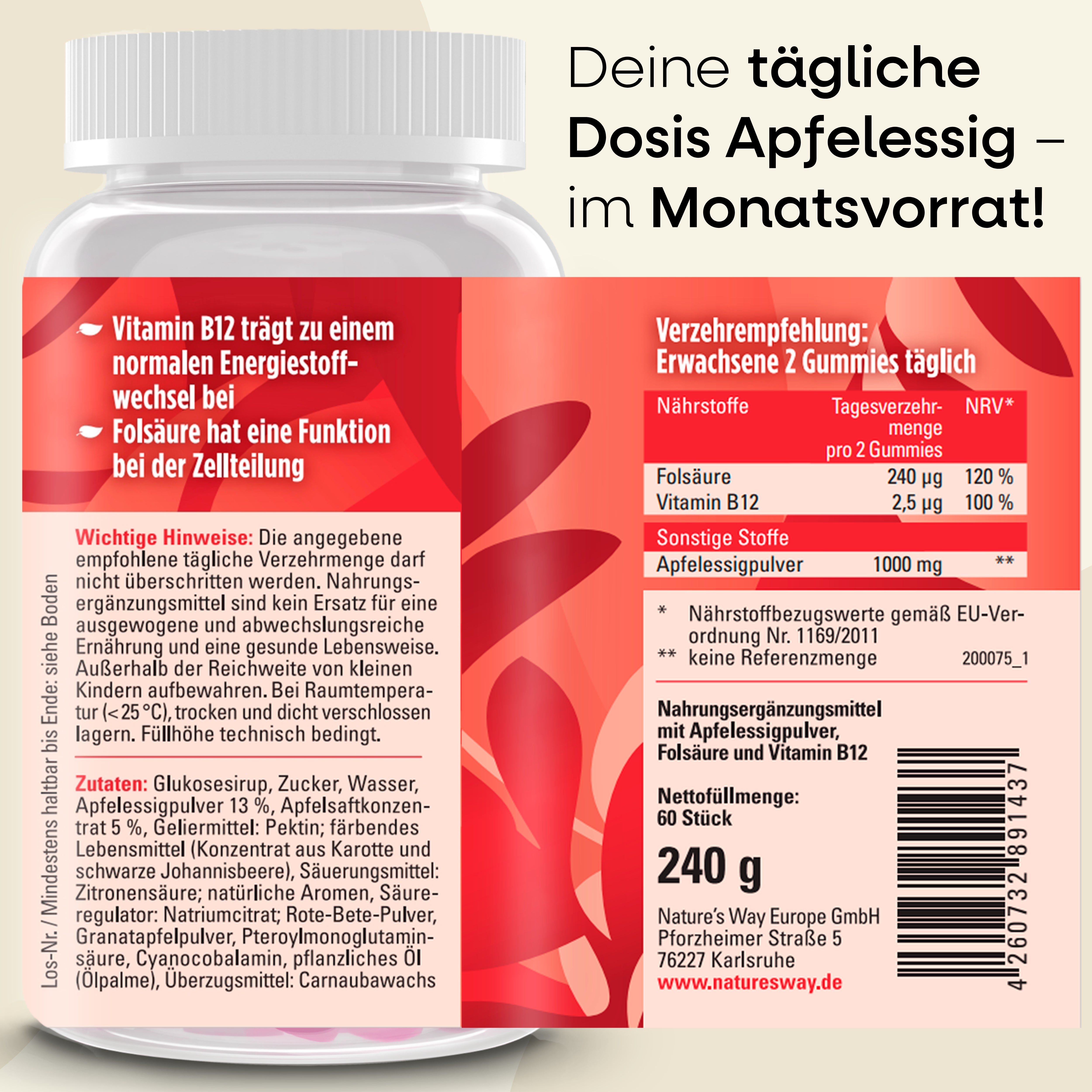 Produktfoto mit Dose Apfelessig Gummies. Zeigt eine Dose mit roten Gummibärchen und Nährwertangaben. Text: Deine tägliche Dosis Apfelessig - im Monatsvorrat!