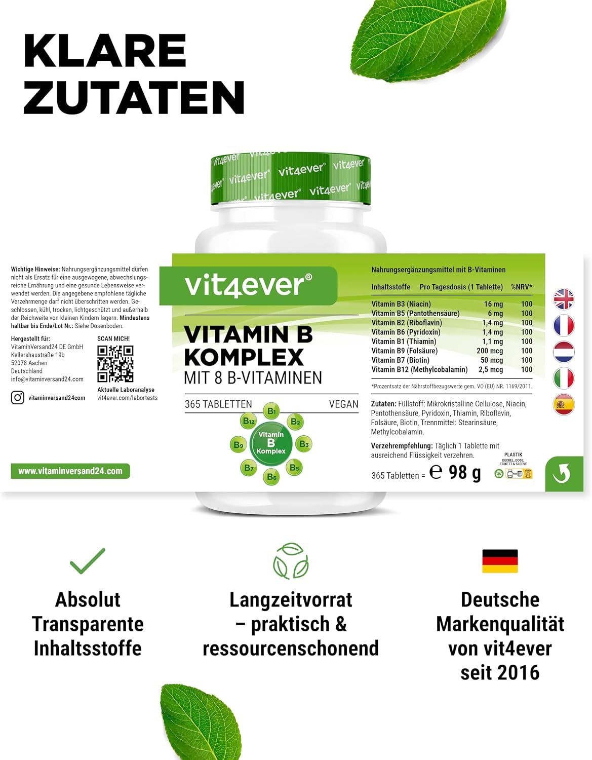 vit4ever Vitamin B Komplex - 8 B-Vitamine - 365 Tabletten