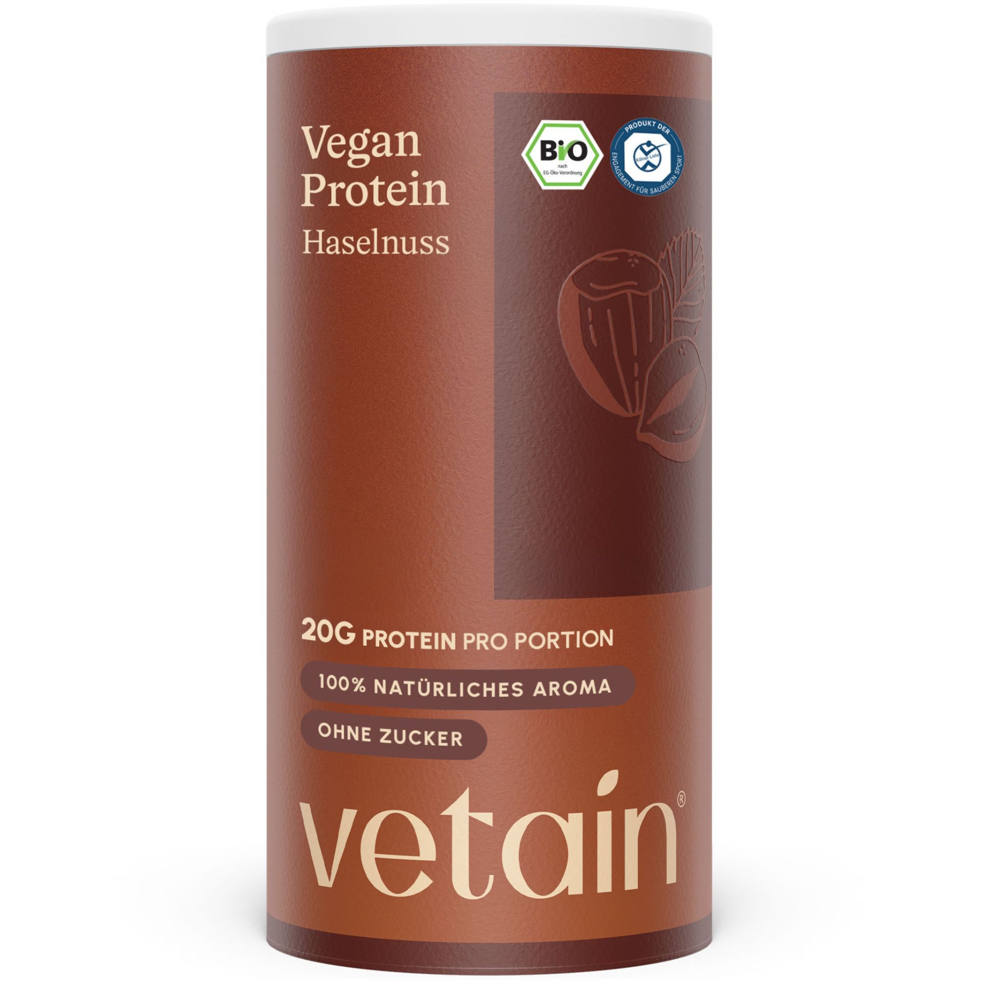 Vetain Proteinpulver Vegan - Haselnuss 20g Eiweiß pro Portion Ohne Zuckerzusatz 100% Bio 540 g Pulver