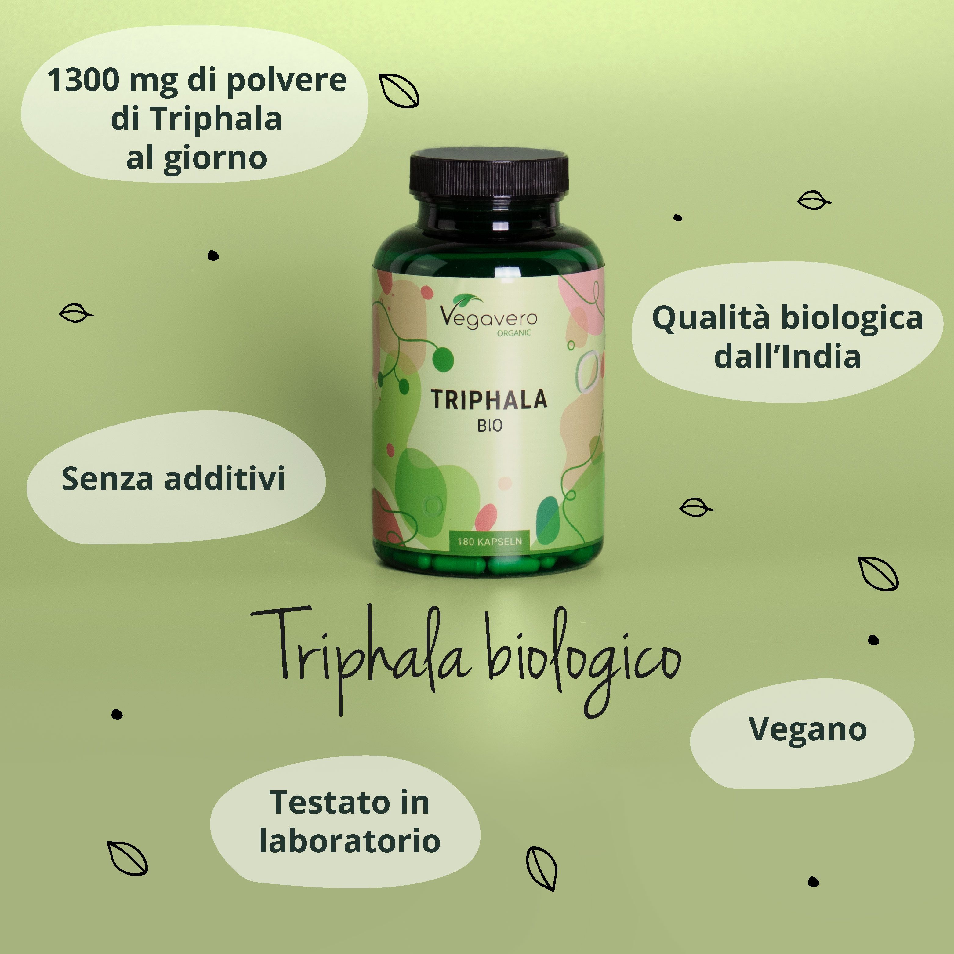Flacone verde con capsule. Scritta: Vegavaro, Triphala BIO. Informazioni aggiuntive: Vegano, testato in laboratorio, bio.