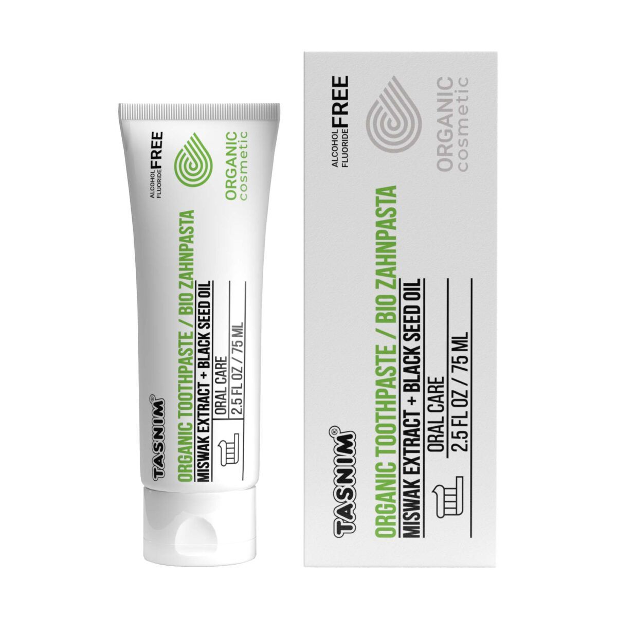 Zahnpasta-Tube und Schachtel. Beide mit grüner Grafik und Text. Aufschrift: Tasnim Bio Zahnpasta mit Schwarzkümmelöl.