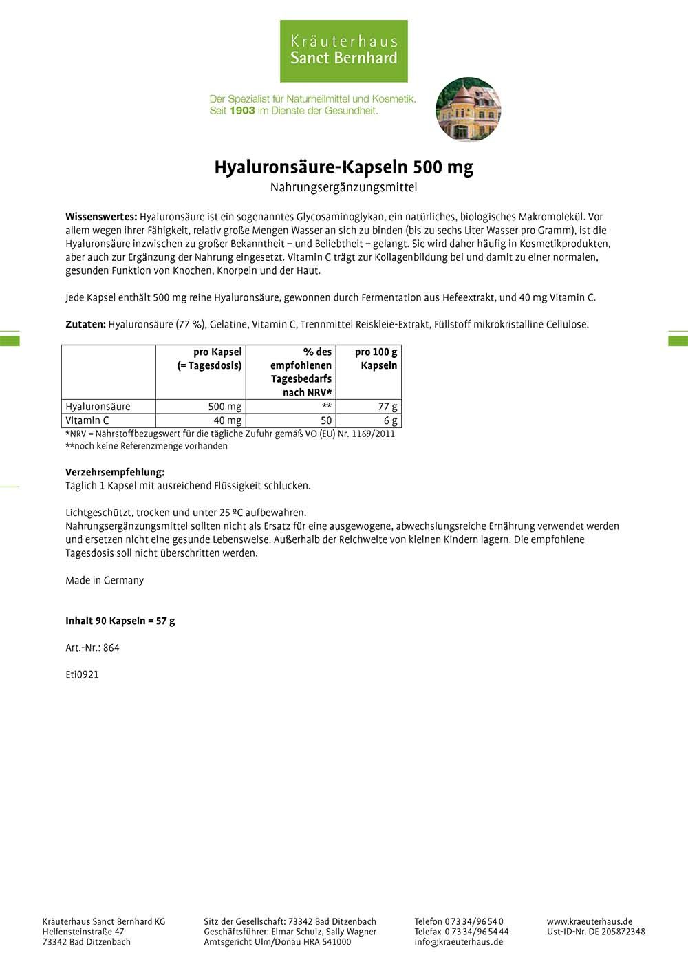 Sanct Bernhard Hyaluronsäure-Kapseln 500 mg