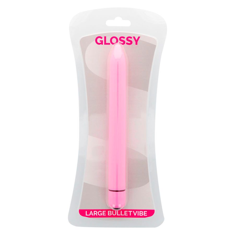 Rosa Vibrator in Verpackung. Verpackung mit Aufschrift GLOSSY und LARGE BULLETVIBE. Zylindrische Form mit abgerundeter Spitze.