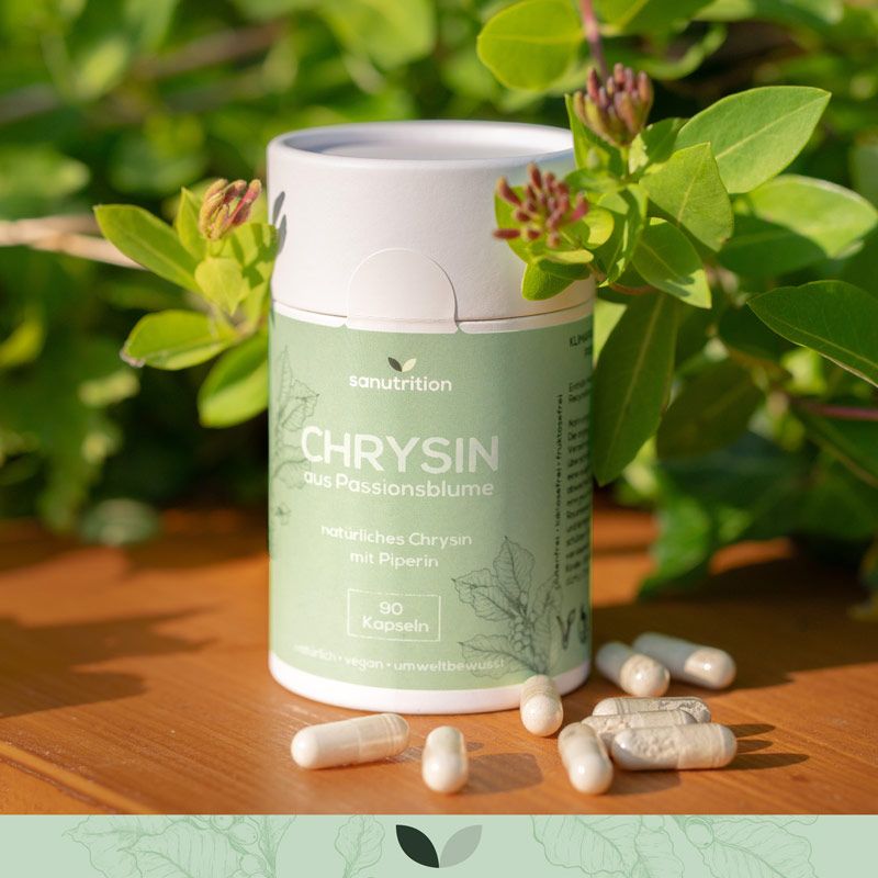 Sanutrition Chrysin aus Passionsblume in Dose. Kapseln liegen daneben. Dose mit grüner Beschriftung, 90 Kapseln. Natürliches Chrysin mit Piperin.