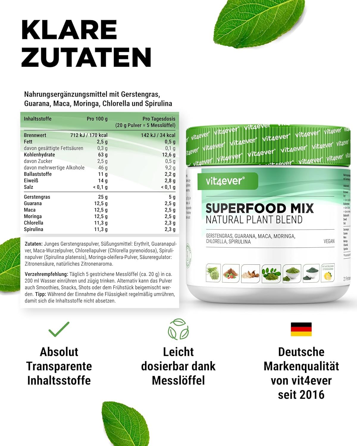 Produktglas mit Aufschrift: Superfood Mix Natural Plant Blend. Enthält Gerstengras, Guarana, Maca, Moringa, Chlorella, Spirulina. Nährwertangaben und Inhaltsstoffe.
