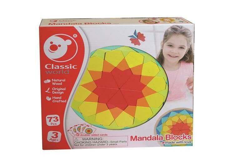 Verpackung mit Mandala-Blöcken. Geometrisches Puzzle mit 73 Teilen. Ab 3 Jahren. Marke Classic World.