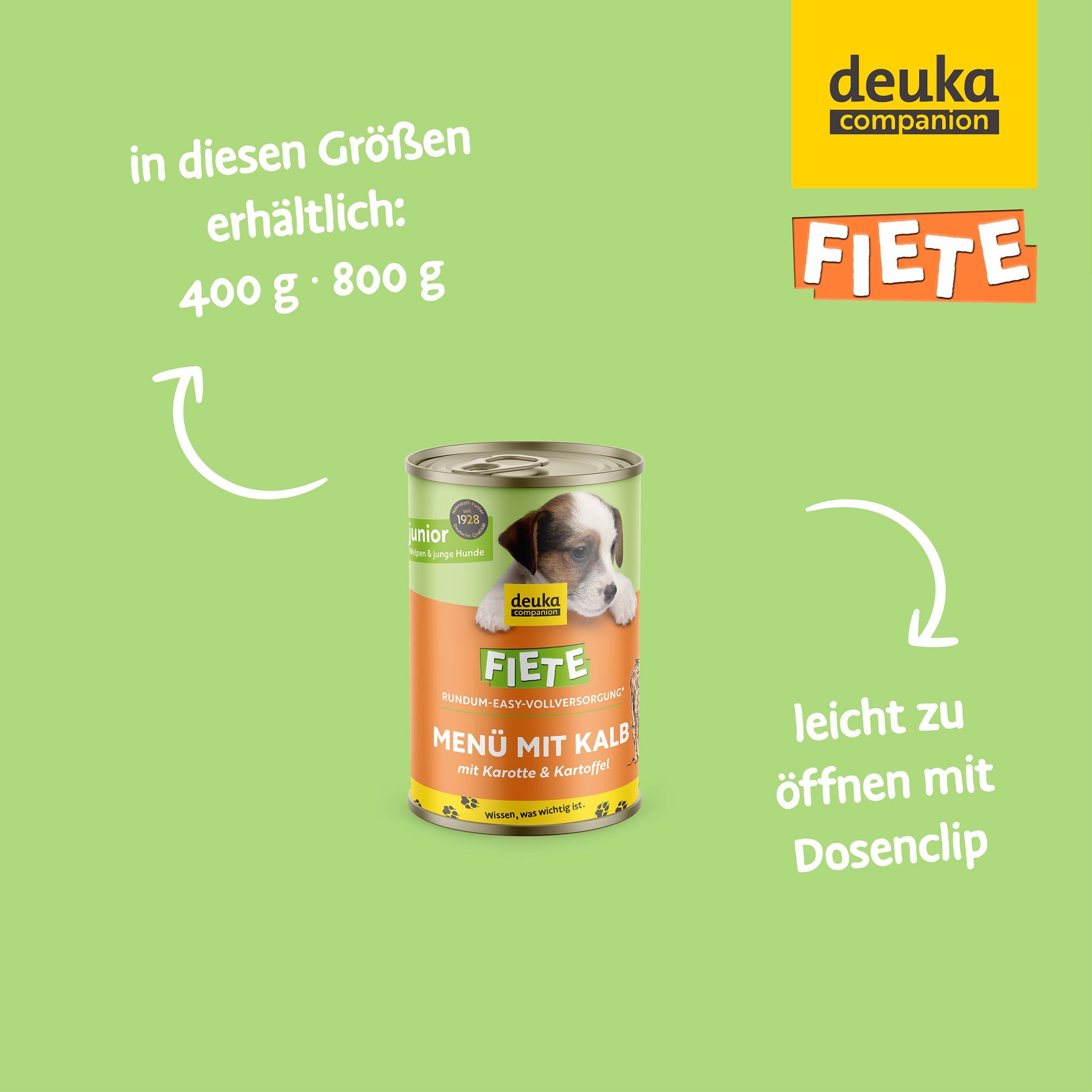 Eine Dose FIETE Junior Menü mit Welpenbild. Text: 'leicht zu öffnen mit Dosenclip' und Größenangaben.