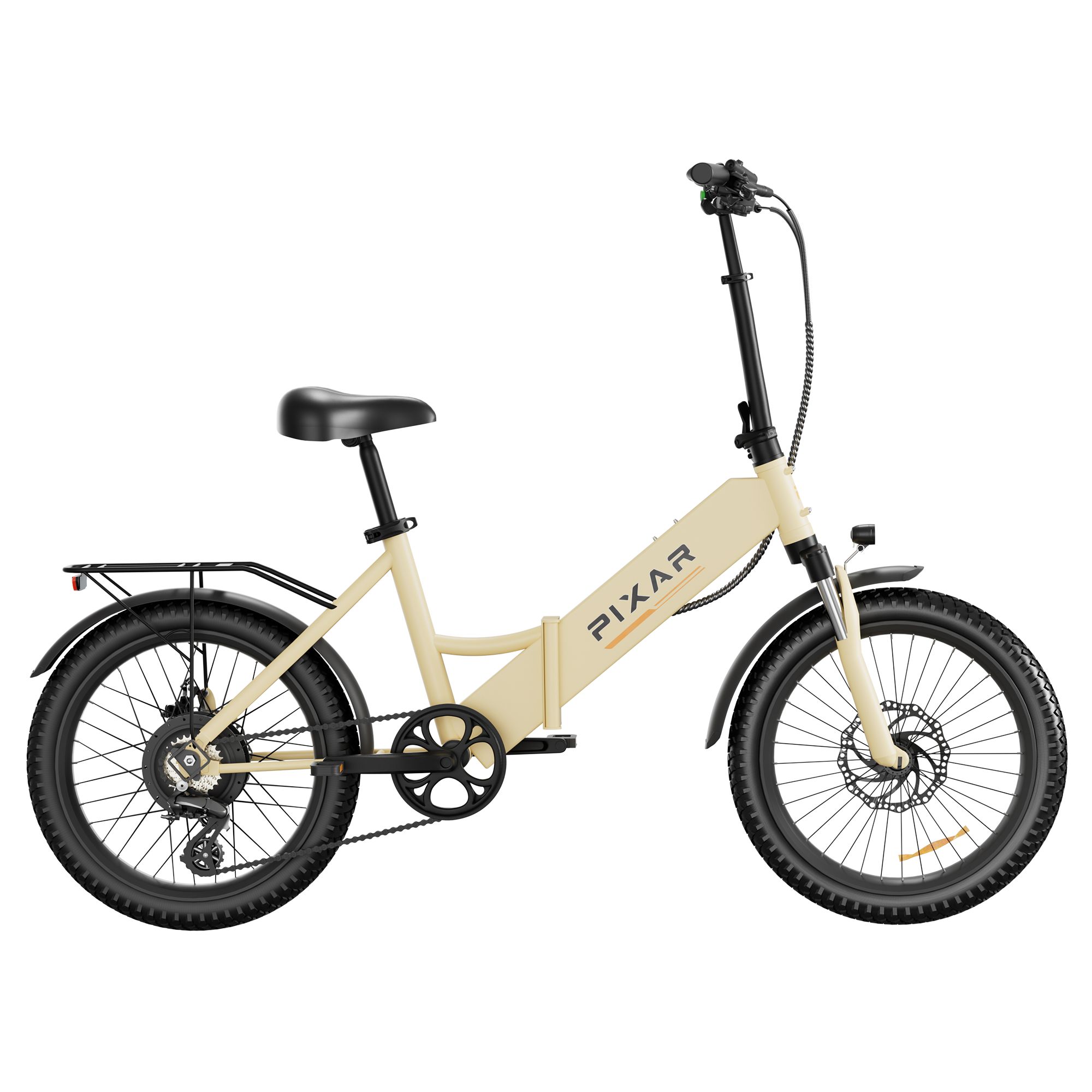 Beige Elektrofahrrad mit schwarzem Sattel, Gepäckträger und PIXAR-Logo. Schwarze Reifen und Schutzbleche.
