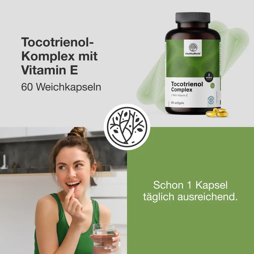 Frau nimmt Softgel. Text: Tocotrienol-Komplex mit Vitamin E, 60 Weichkapseln. Flasche mit Produktetikett. 1 Kapsel täglich.