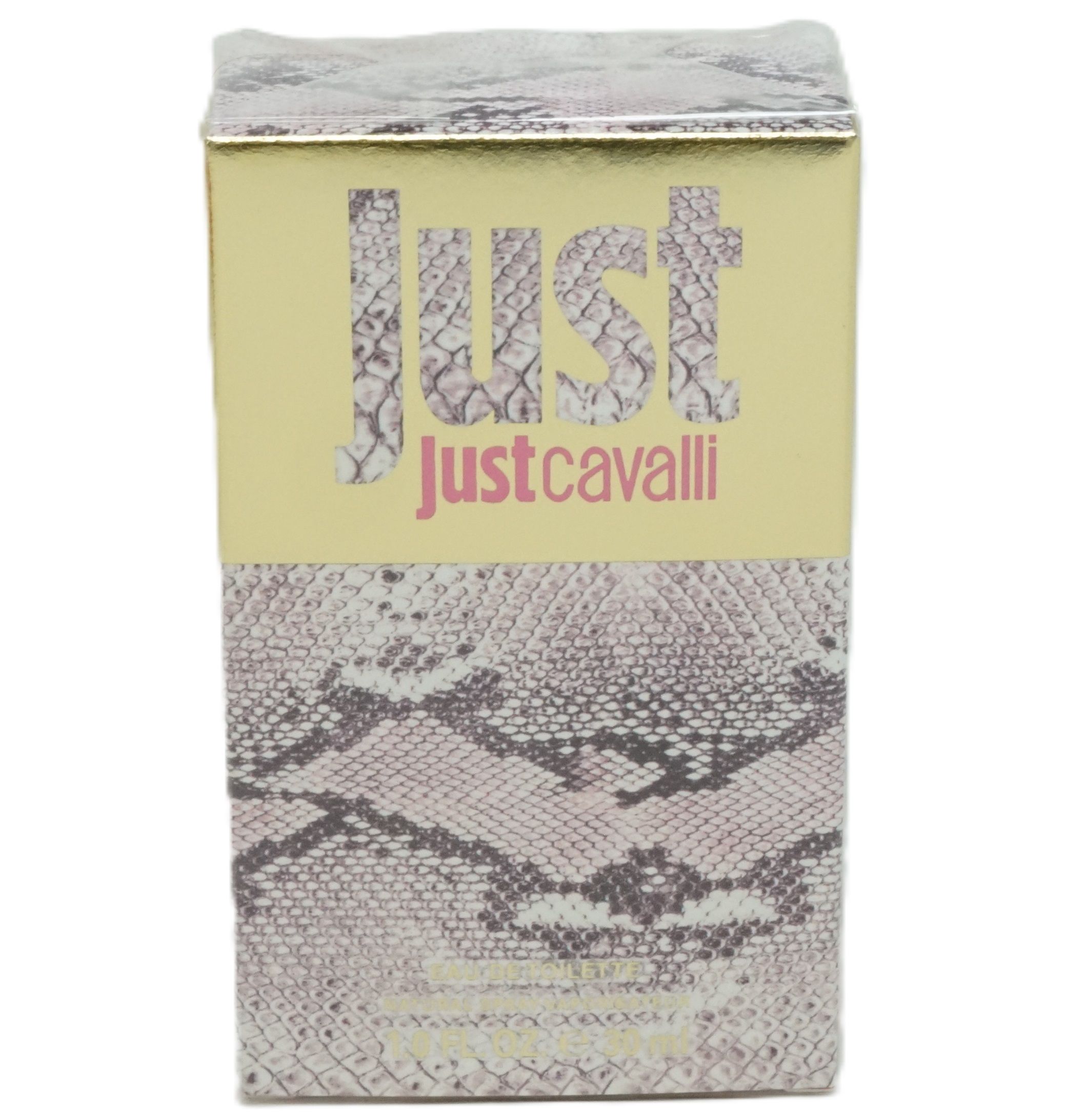 Kartonverpackung mit goldfarbenem Deckel und Schlangenmuster. Text: JUST Justcavalli. Rosa Schrift.