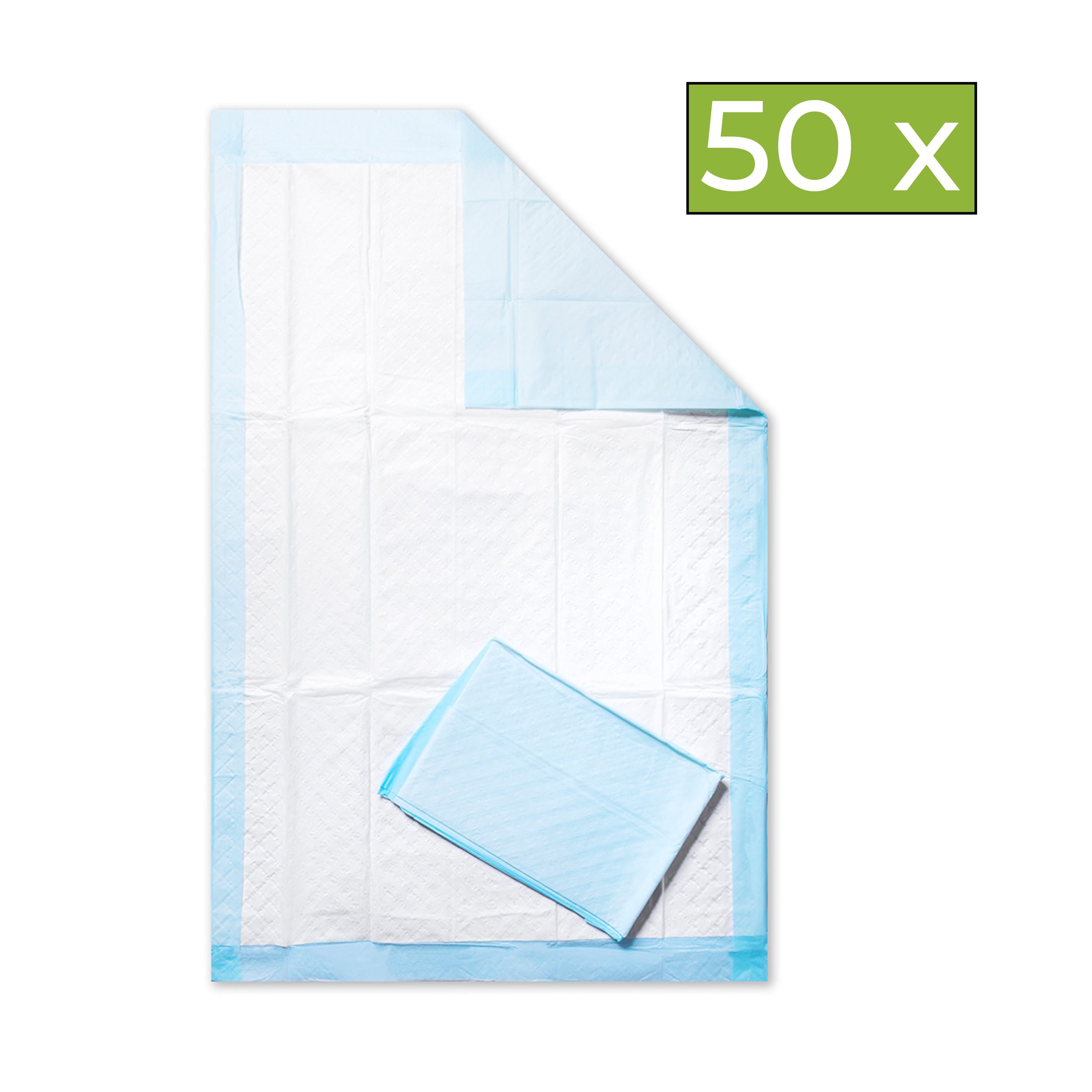 Krankenunterlage, blau-weiß, teilweise gefaltet. Aufschrift "50 x".