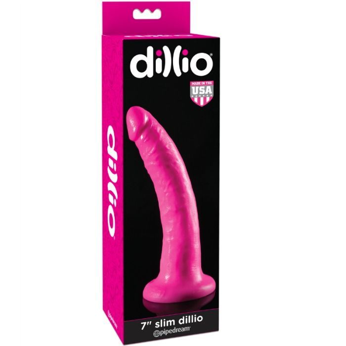 Rosa Dillio Dildo in Verpackung. Aufschrift: "7" slim dillio".