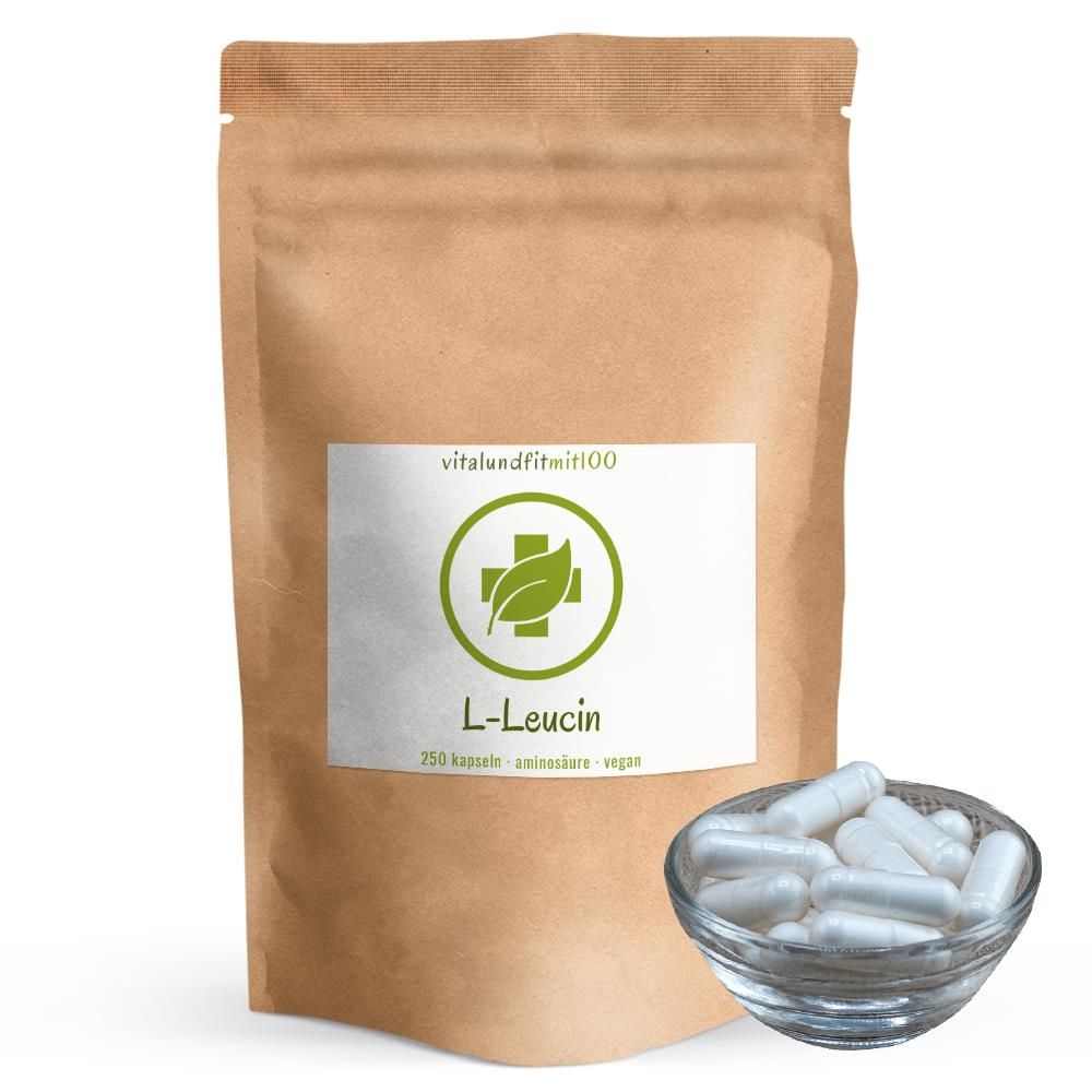 Braune Tüte mit weißem Etikett und grüner Grafik. Eine Glasschale mit weißen Kapseln steht daneben. Aufschrift: L-Leucin.
