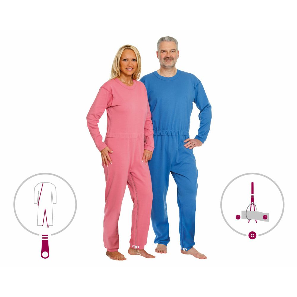 Zwei Personen tragen blaue und rosa Pflegeoveralls. Links ein Reißverschluss-Symbol, rechts ein Symbol für einen Pflegehelfer.