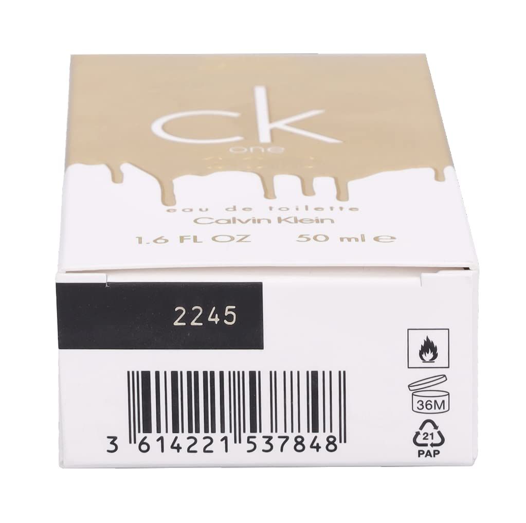 Verpackung mit "ck one"-Schriftzug und Tropfdesign. Aufschrift "eau de toilette", "Calvin Klein", 1.6 FL OZ und 50 ml. Barcode und Symbole.