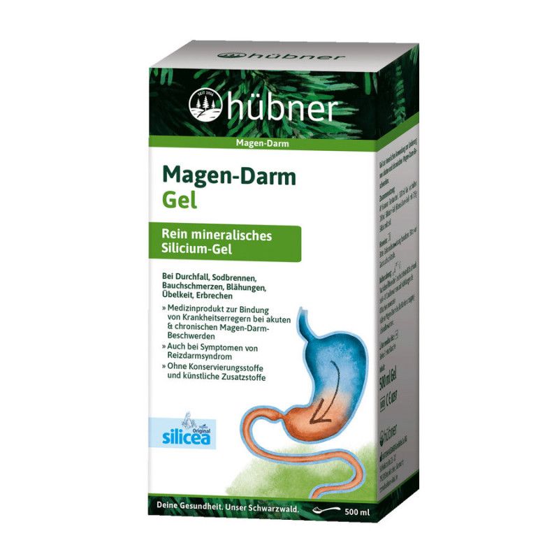 Verpackung von Hübner Magen-Darm Gel. Weißer Karton mit grünen und blauen Elementen. Text: Magen-Darm Gel, Silicium-Gel, silicea.