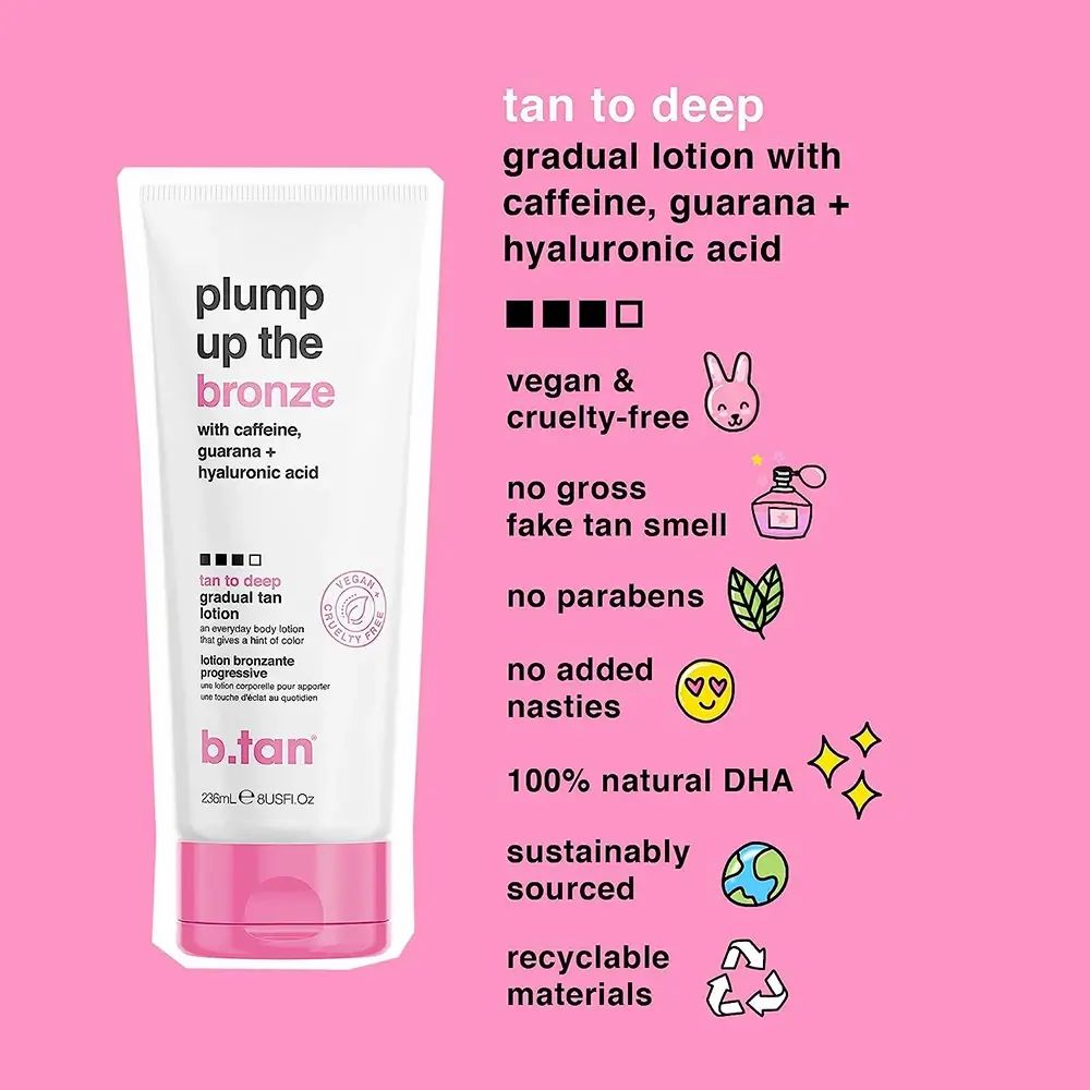 Weiße Tube mit rosa Akzenten. Text: Plump Up the Bronze, mit Koffein, Guarana und Hyaluronsäure. Vegan & tierversuchsfrei.
