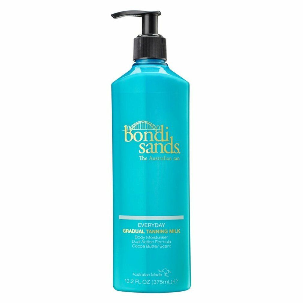 Türkisfarbene Flasche mit schwarzem Pumpkopf. Aufschrift: Bondi Sands Everyday Gradual Tanning Milk. Volumen: 13.2 fl oz (375mL).