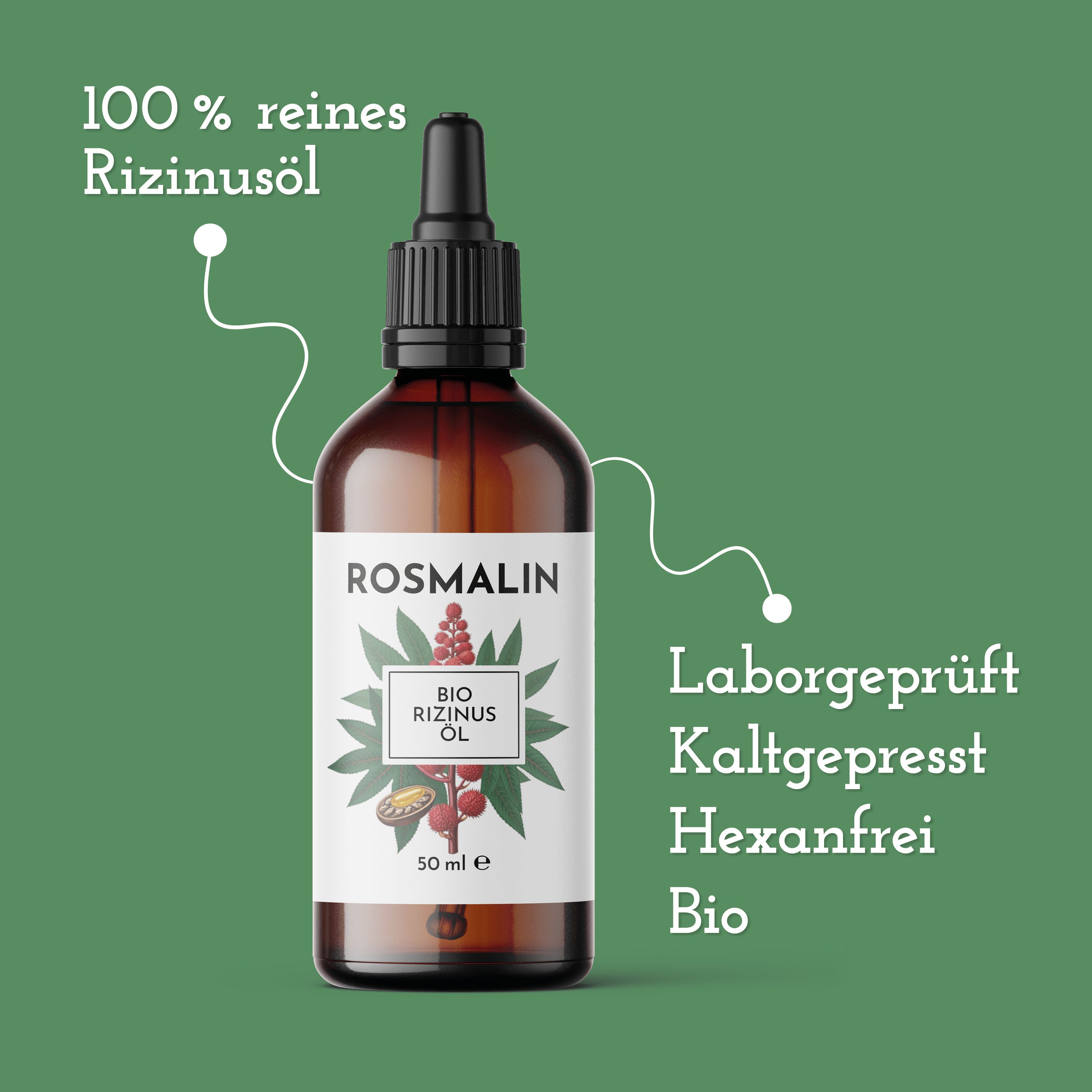 Braune Glasflasche mit Tropfer. Text: 100 % reines Rizinusöl. ROSMALIN BIO Rizinus Öl. Laborgeprüft, kaltgepresst, hexanfrei, Bio.