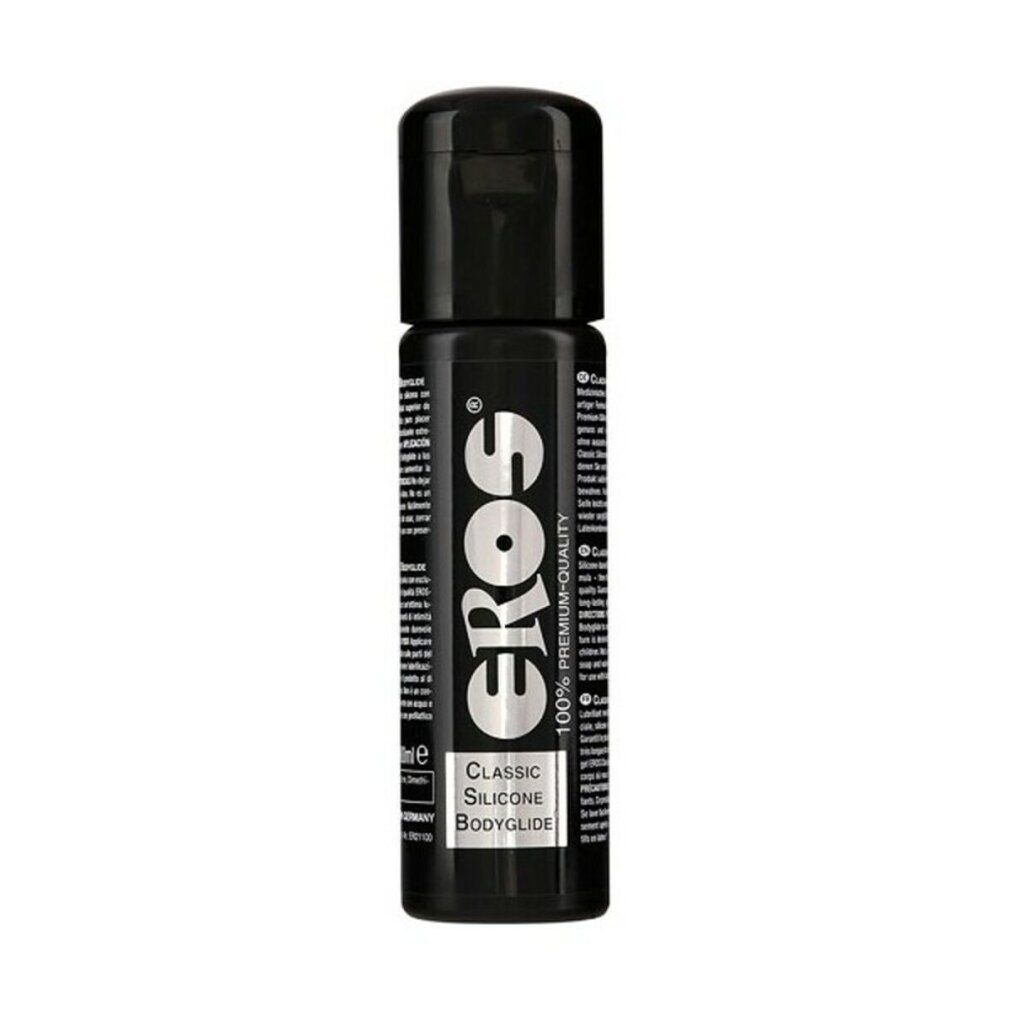 Schwarze Flasche mit Klappverschluss. Aufschrift "EROS" und "Classic Silicone Bodyglide".