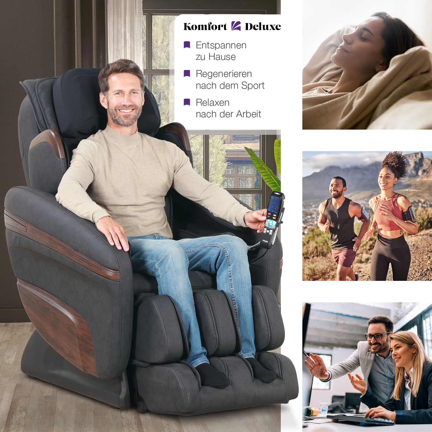 Mann sitzt in einem Massagesessel. Text: Komfort Deluxe, Entspannen zu Hause, Regenerieren nach dem Sport, Relaxen nach der Arbeit.