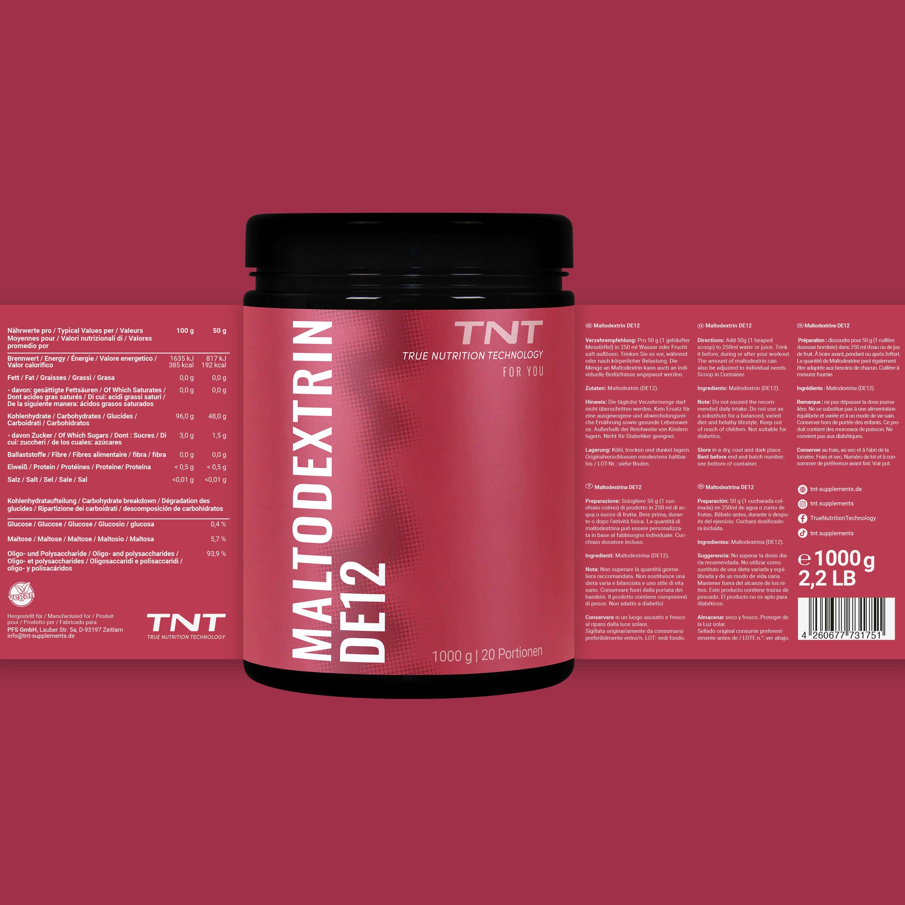 Produkt mit Etikett. Aufschrift: Maltodextrin DE12, TNT, Nährwertangaben, 1000g, 2,2 lb.