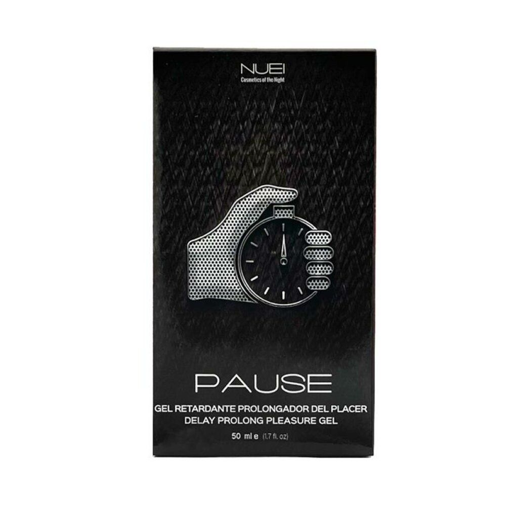 Schwarze Verpackung. Aufschrift: Pause, Delay Prolong Pleasure Gel. Hand mit Stoppuhr-Symbol. 50 ml.